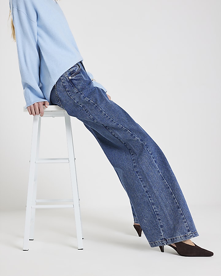 Blue High Rise Seamed Wide Leg Jeans