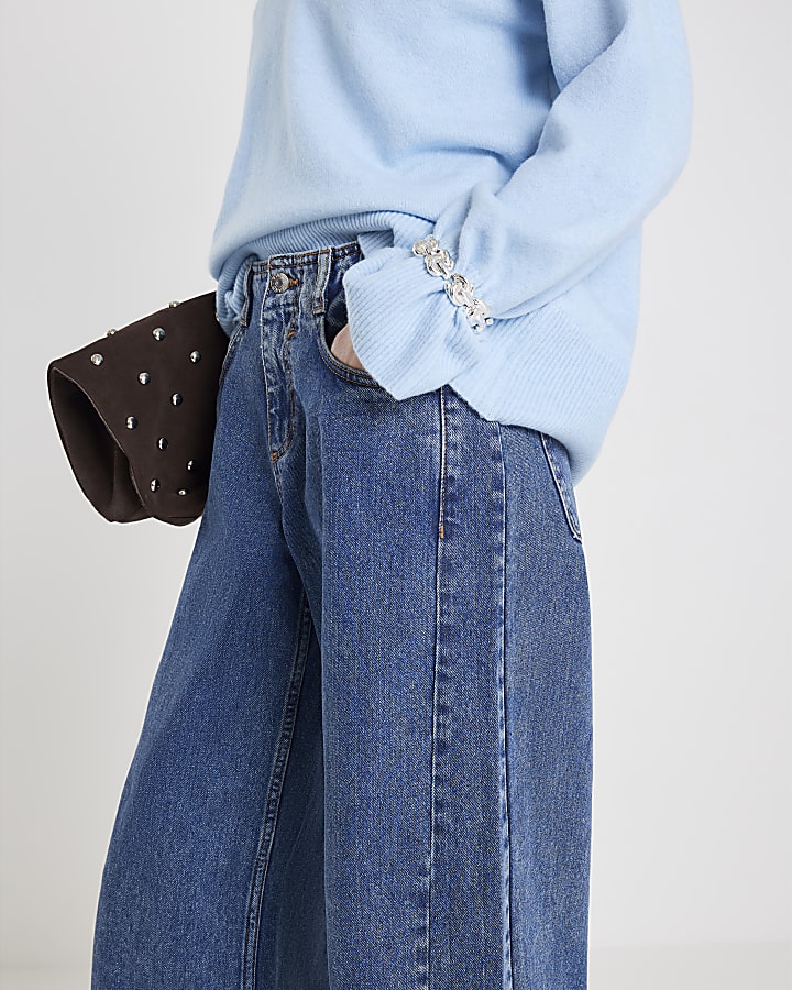 Blue High Rise Seamed Wide Leg Jeans