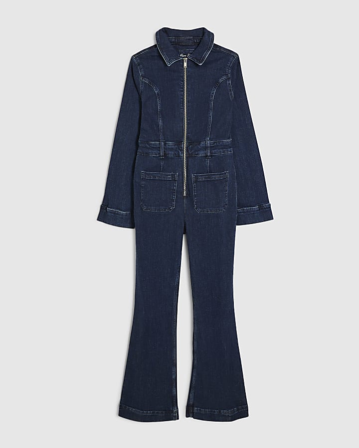 Petite Blue Denim Long Sleev Stretch Jumpsuit
