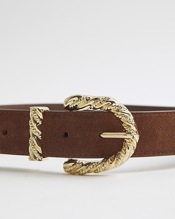 Brown Twisted Buckle Suede Belt