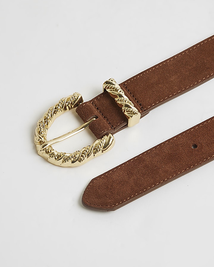 Brown Twisted Buckle Suede Belt