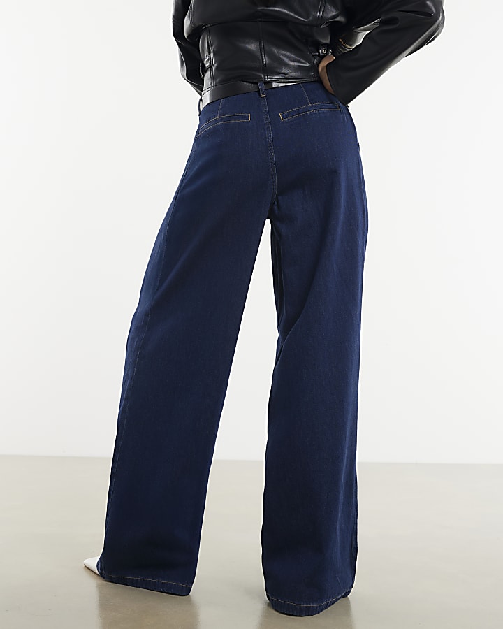 Blue Belted Pleated Wide Leg Jeans