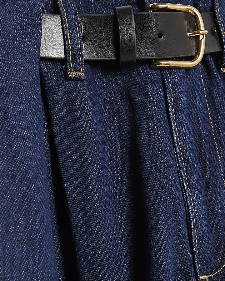 Blue Belted Pleated Wide Leg Jeans