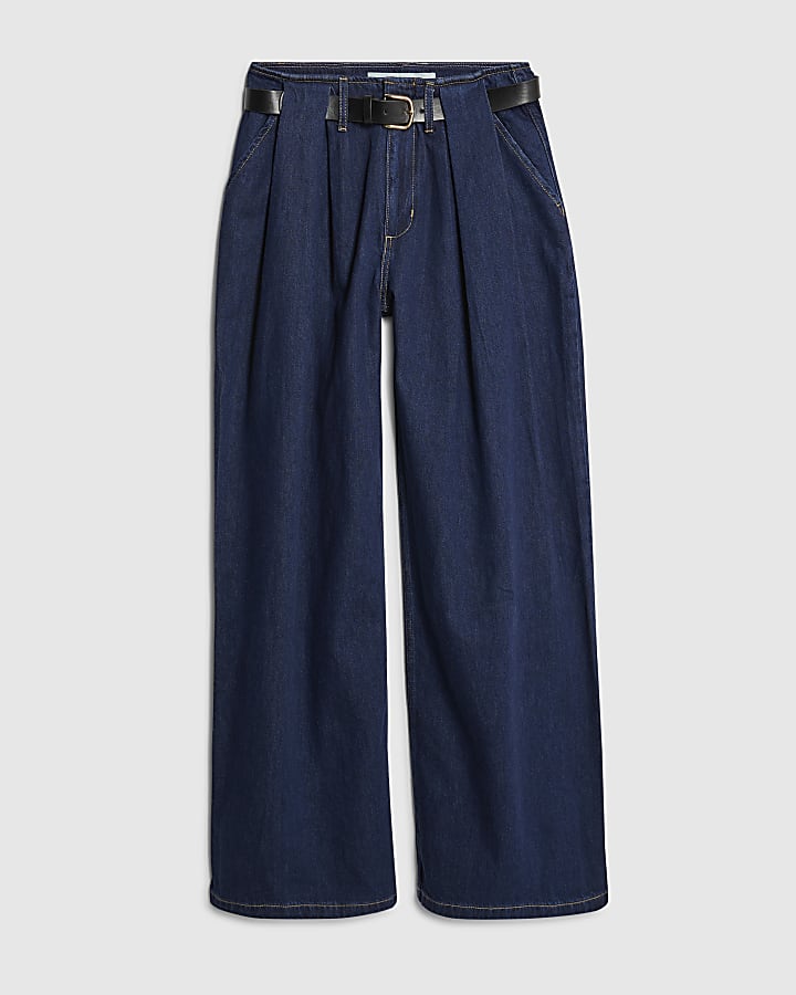 Blue Belted Pleated Wide Leg Jeans