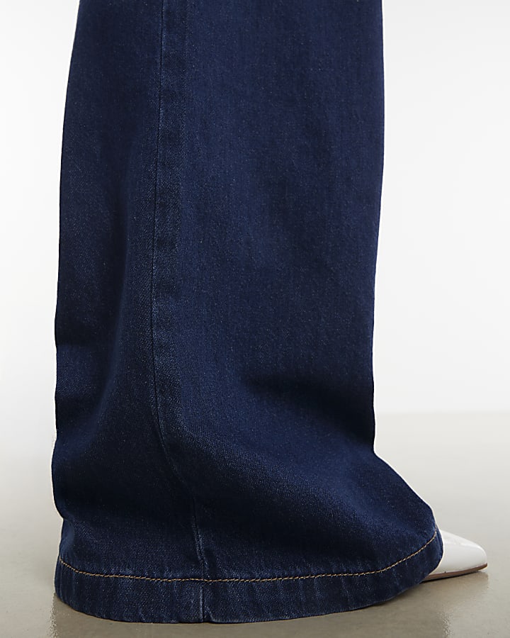 Blue Belted Pleated Wide Leg Jeans