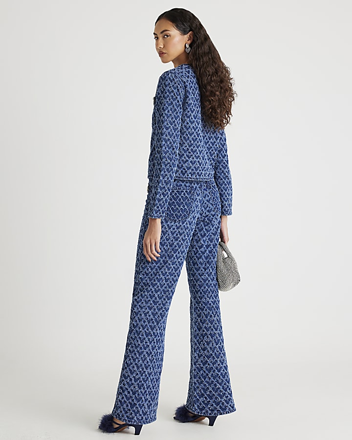 Blue Boucle Embellished Straight Leg Jeans