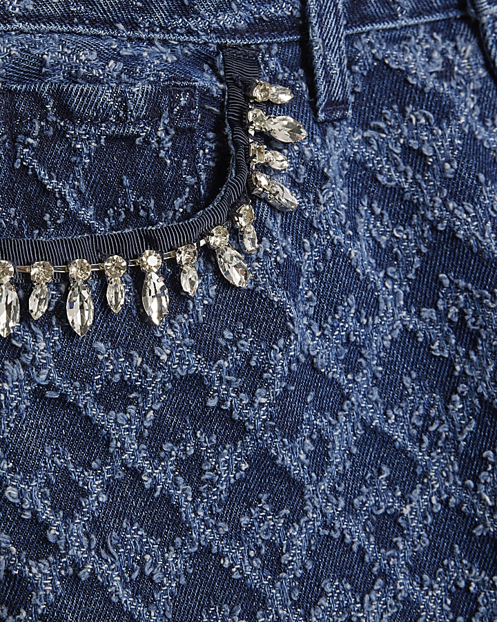 Blue Boucle Embellished Straight Leg Jeans