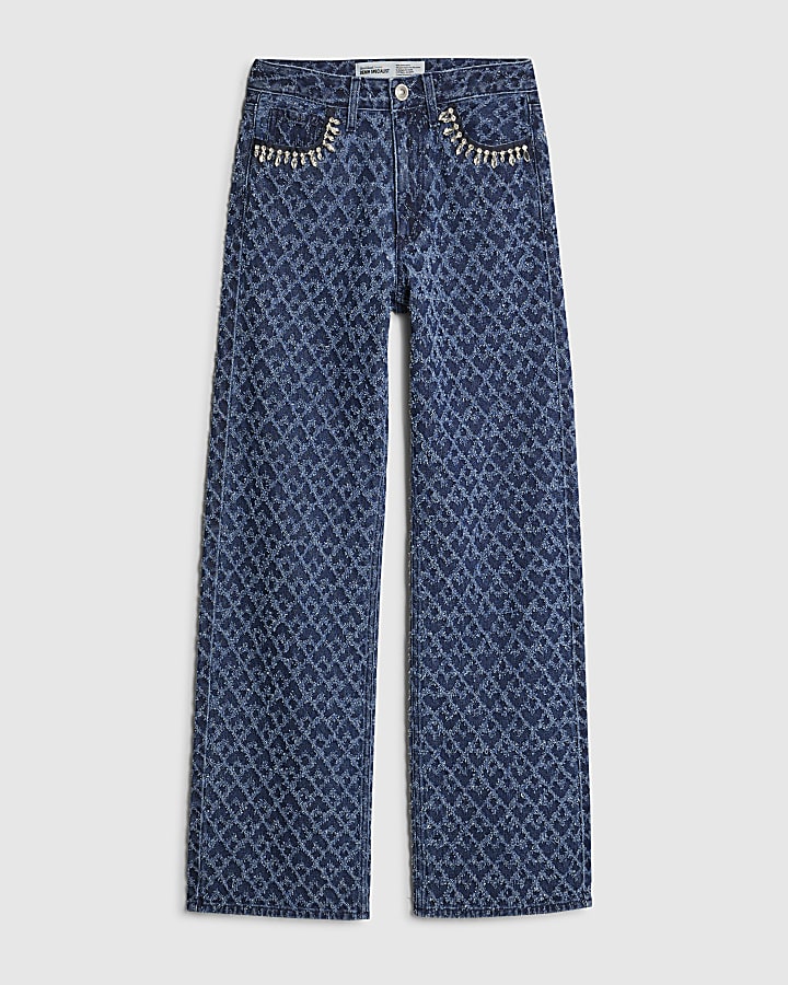 Blue Boucle Embellished Straight Leg Jeans