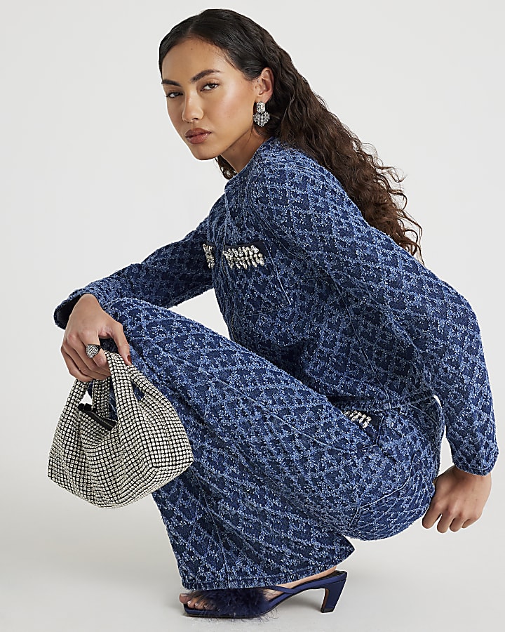 Blue Boucle Embellished Straight Leg Jeans
