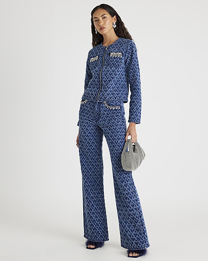 Blue Boucle Embellished Straight Leg Jeans