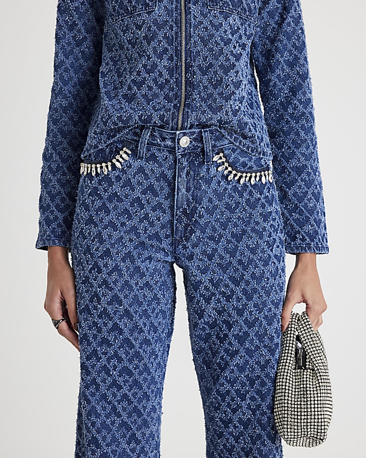 Blue Boucle Embellished Straight Leg Jeans
