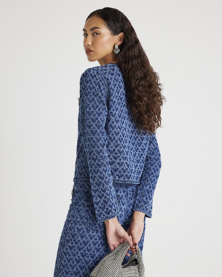 Blue Long Sleeve Embellished Boucle Jacket