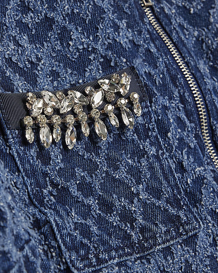 Blue Long Sleeve Embellished Boucle Jacket