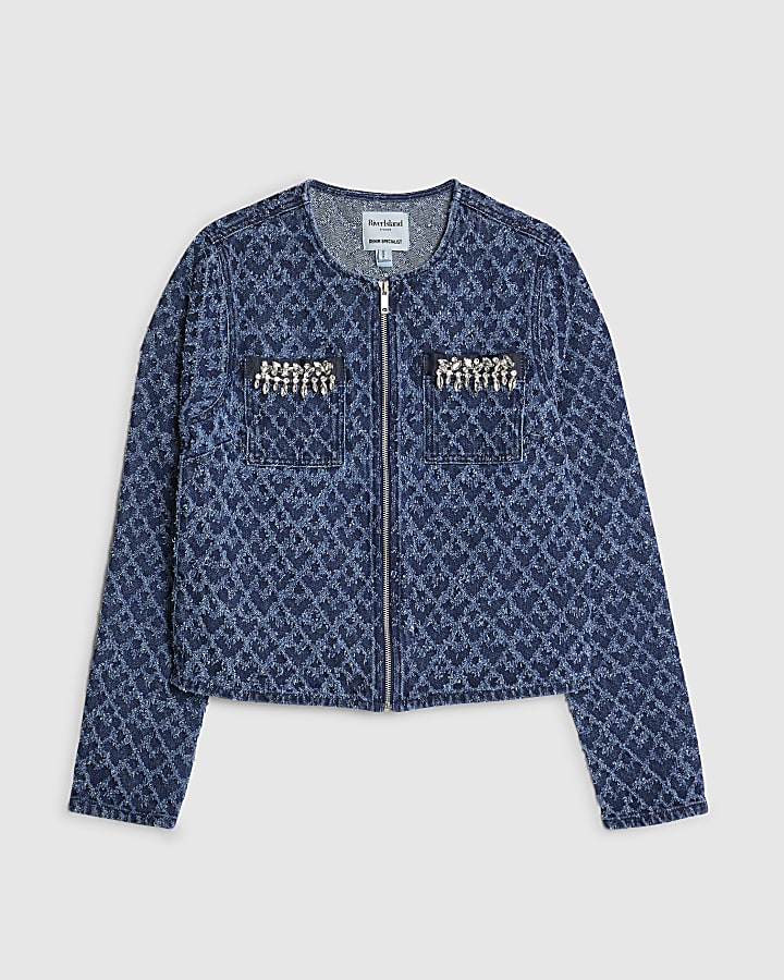 Blue Long Sleeve Embellished Boucle Jacket
