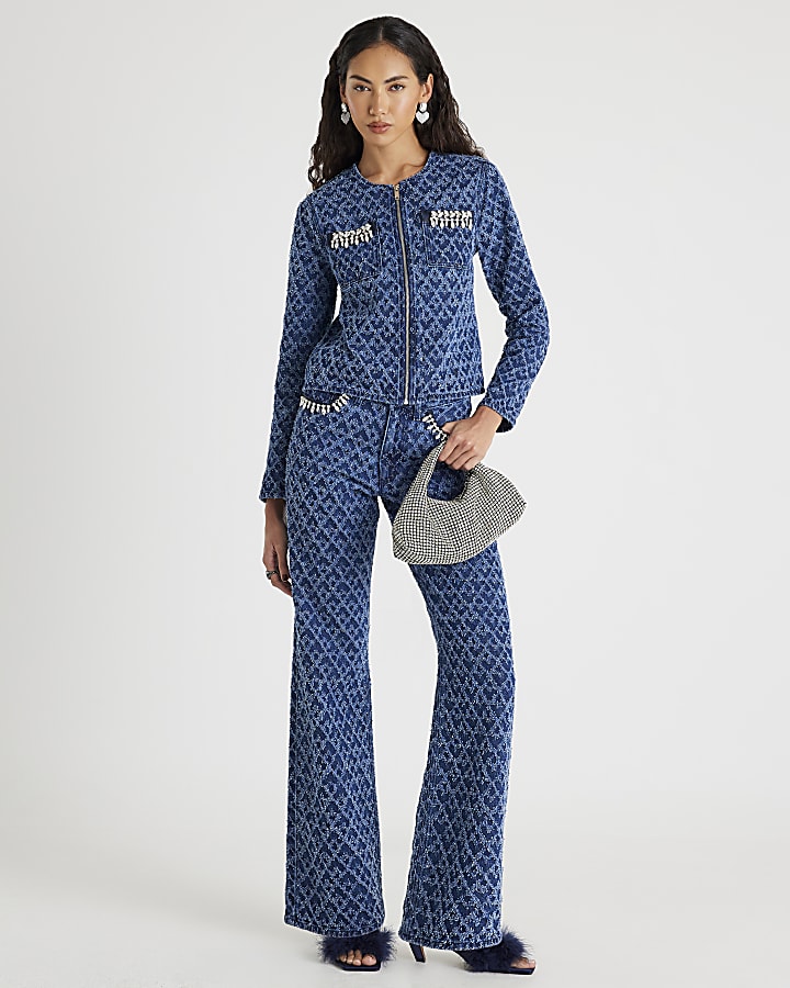 Blue Long Sleeve Embellished Boucle Jacket