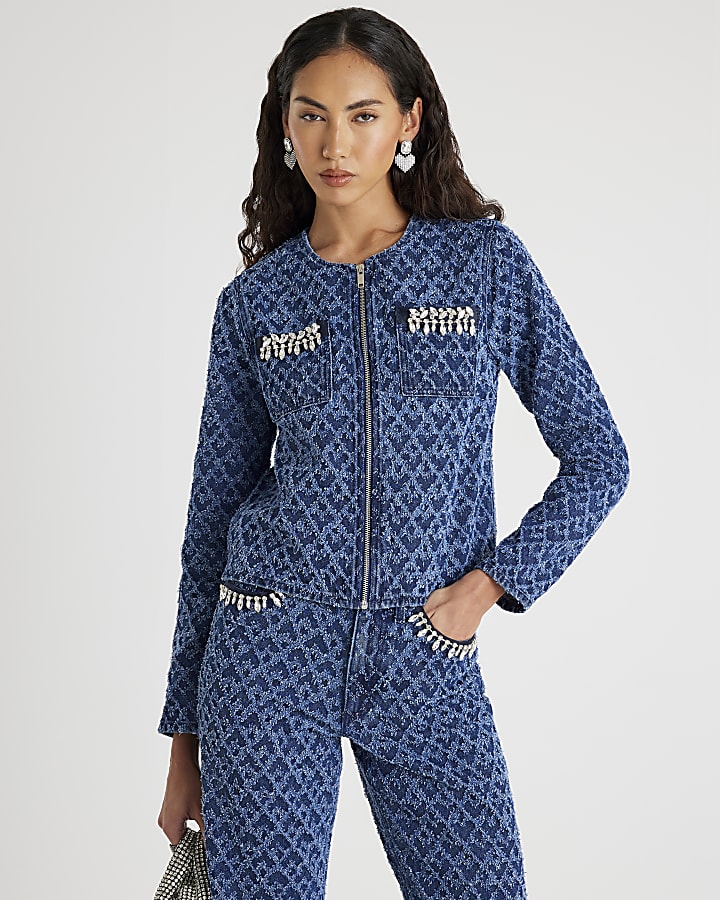 Blue Long Sleeve Embellished Boucle Jacket