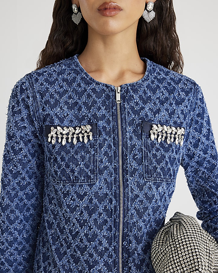 Blue Long Sleeve Embellished Boucle Jacket