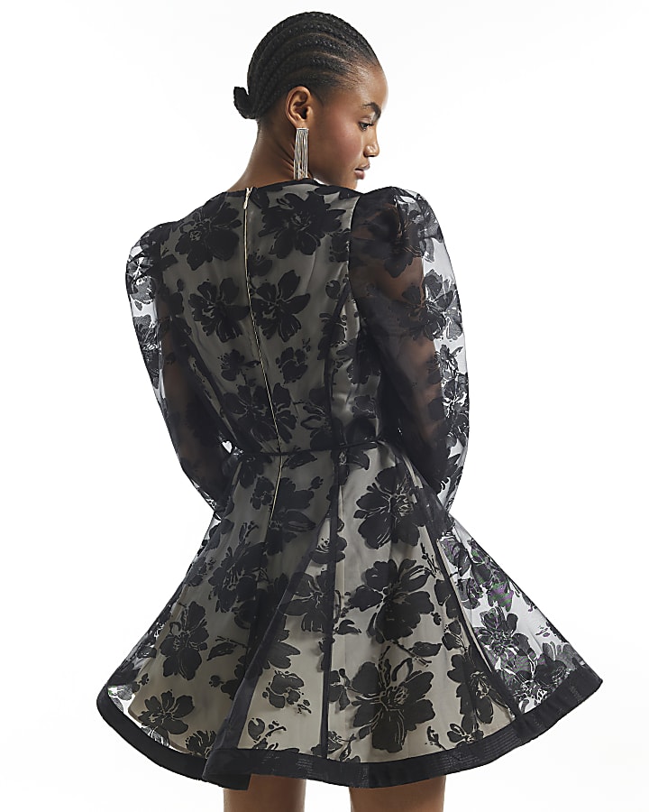 Black Floral Burnout Lace Detail Mini Dress