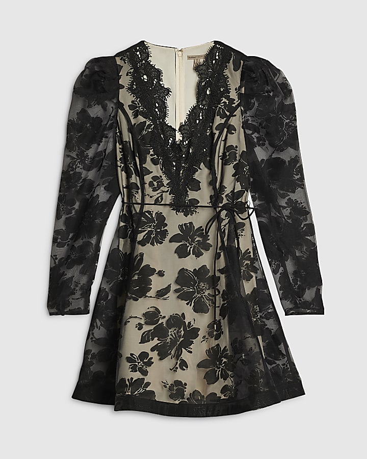 Black Floral Burnout Lace Detail Mini Dress