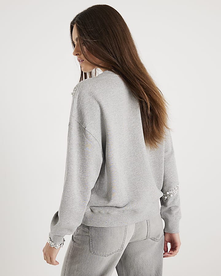 Grey Embellished Bow Christmas Sweatshirt