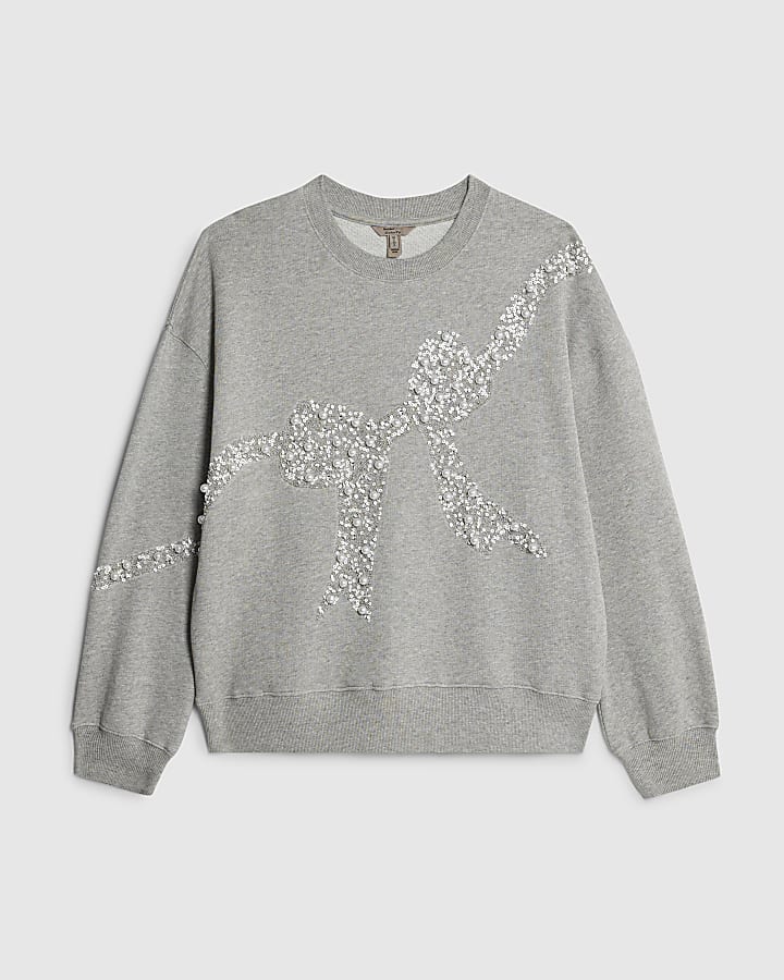 Grey Embellished Bow Christmas Sweatshirt
