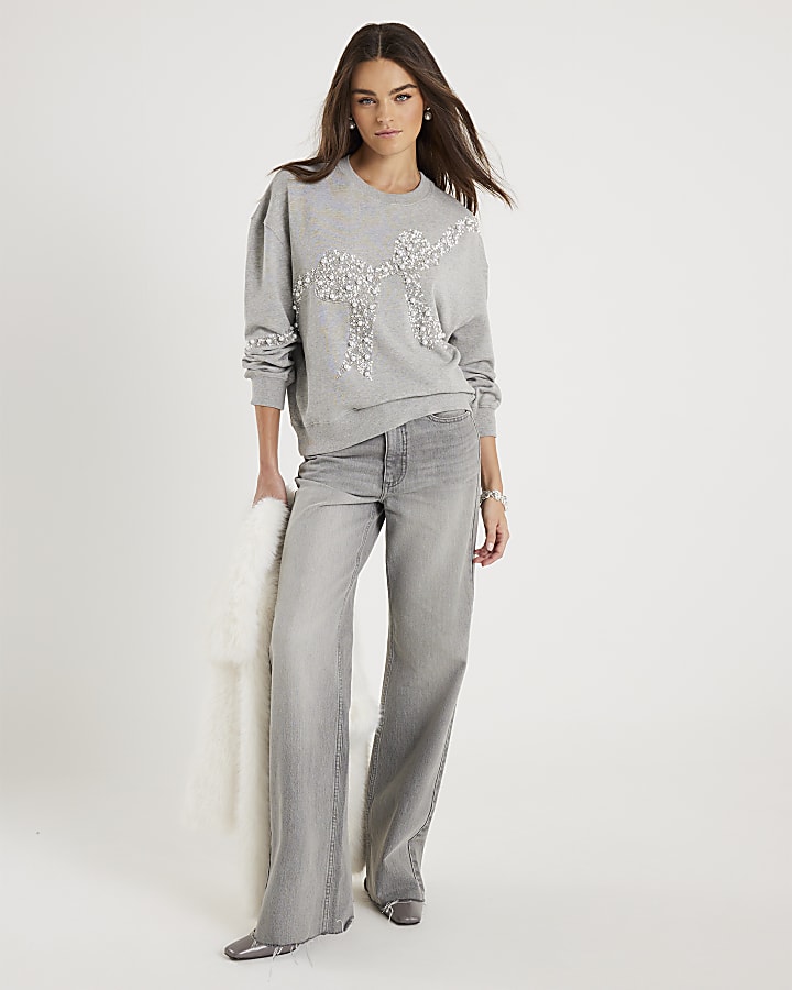 Grey Embellished Bow Christmas Sweatshirt