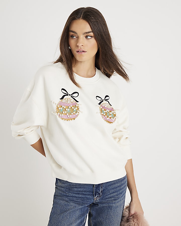 Cream Embellished Bauble Sweatshirt
