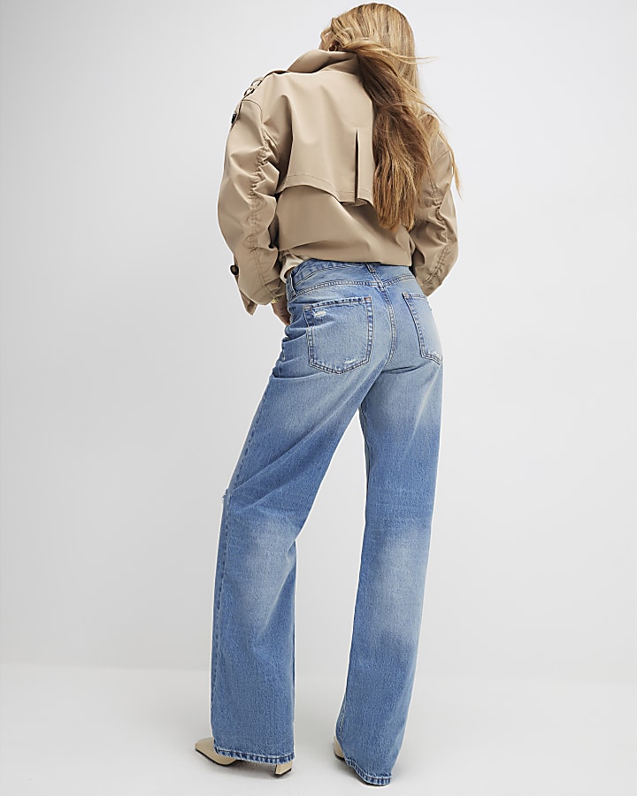 Blue Ripped Relaxed Straight Jeans