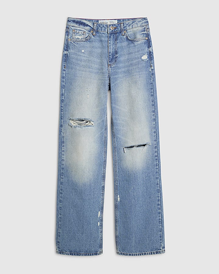 Blue Ripped Relaxed Straight Jeans