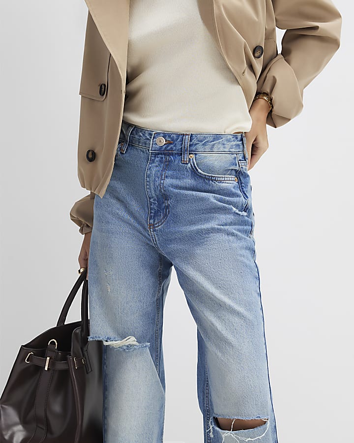 Blue Ripped Relaxed Straight Jeans