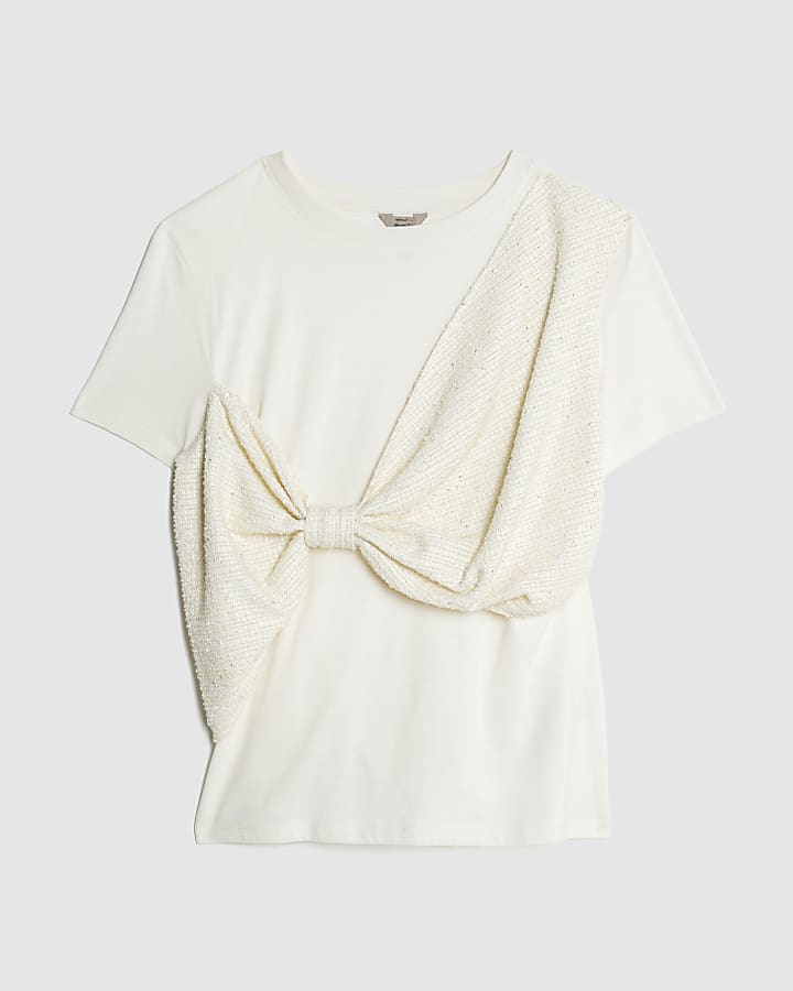 Cream Boucle Hybrid Bow T-shirt