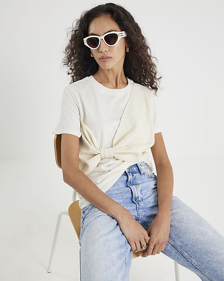 Cream Boucle Hybrid Bow T-shirt