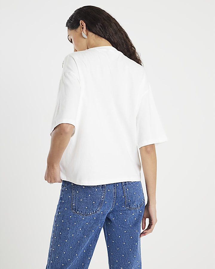 White Short Sleeve Diamante Necklace T-shirt