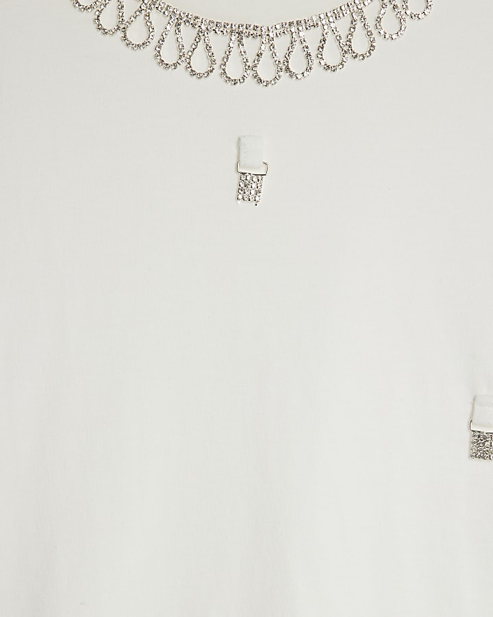White Short Sleeve Diamante Necklace T-shirt