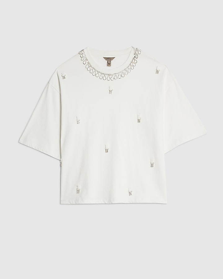 White Short Sleeve Diamante Necklace T-shirt