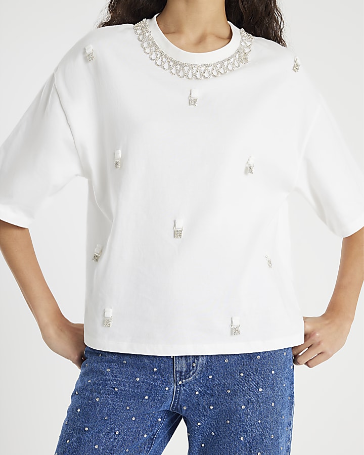 White Short Sleeve Diamante Necklace T-shirt