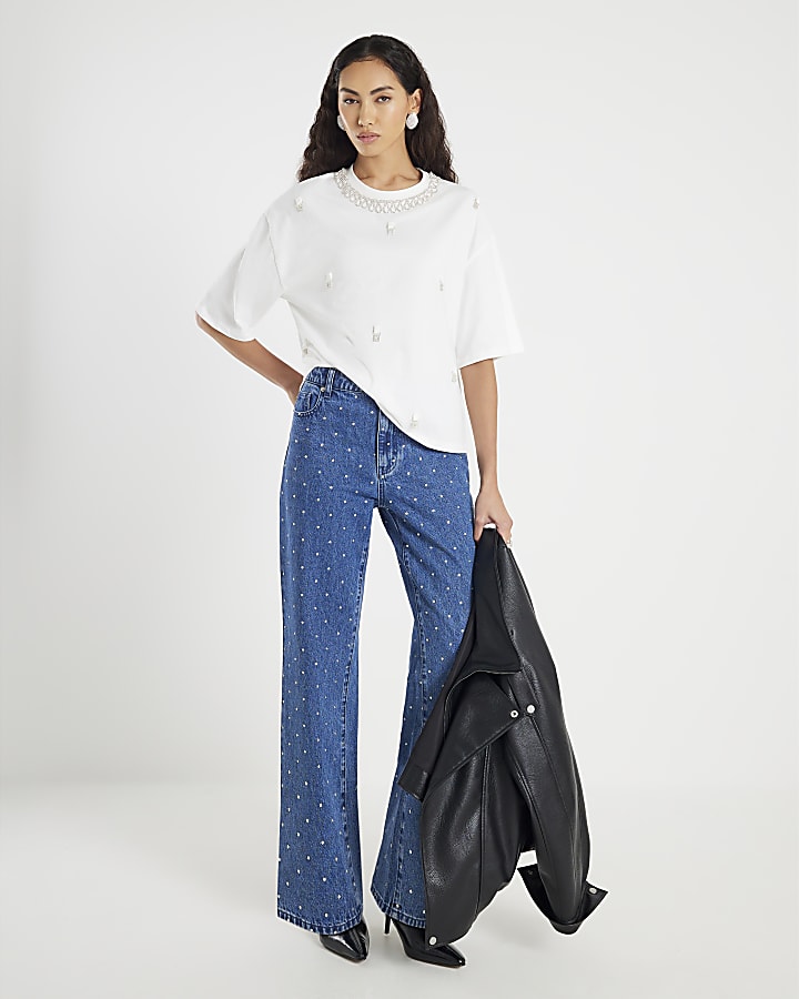 White Short Sleeve Diamante Necklace T-shirt