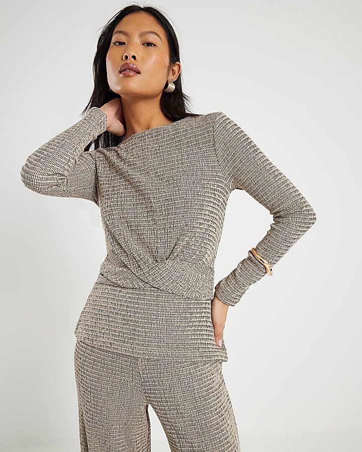 Petite Grey Long Sleeve Twist Front Top