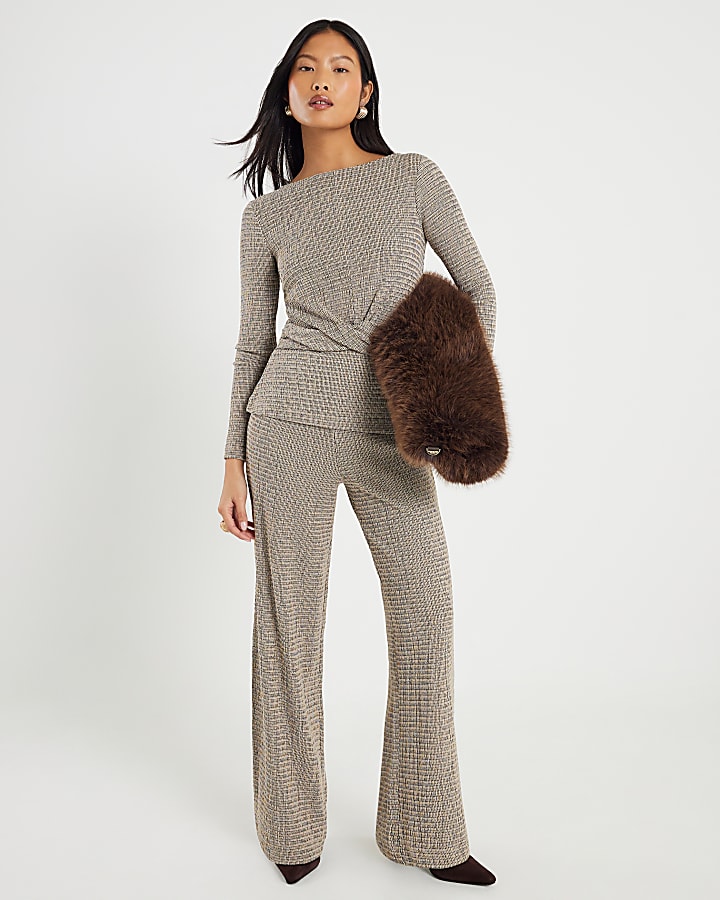 Petite Grey Long Sleeve Twist Front Top