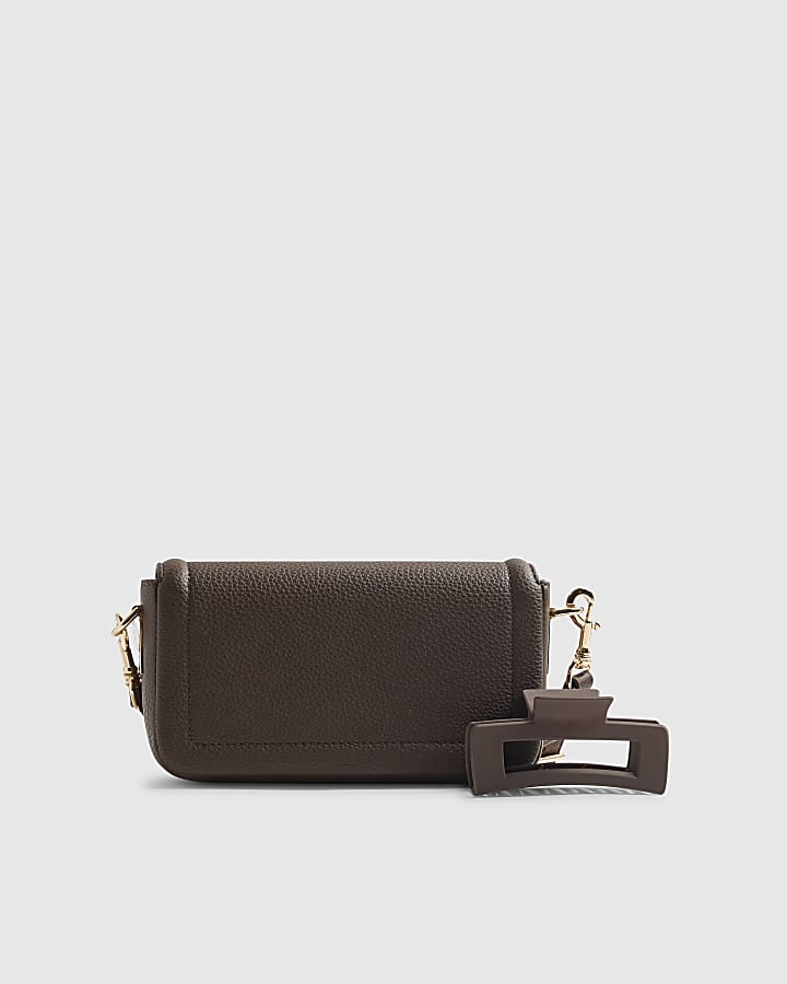 Brown Embossed Flap Cross Body Bag