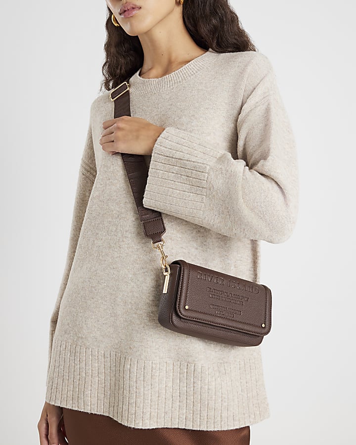 Brown Embossed Flap Cross Body Bag