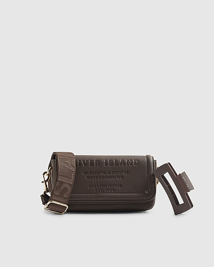 Brown Embossed Flap Cross Body Bag