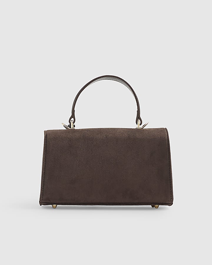 Brown Faux Suede Lock Front Tote Bag