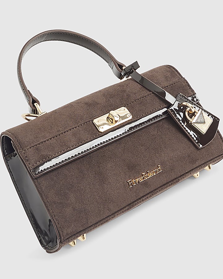 Brown Faux Suede Lock Front Tote Bag