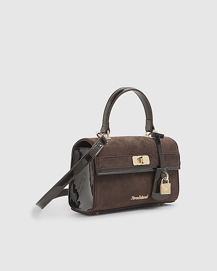 Brown Faux Suede Lock Front Tote Bag
