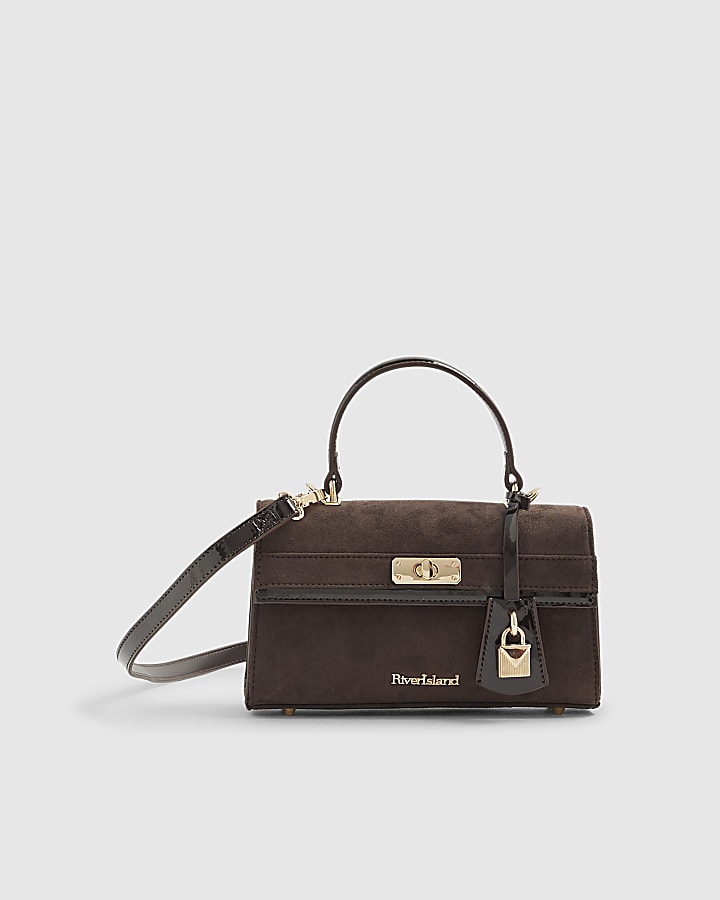 Brown Faux Suede Lock Front Tote Bag