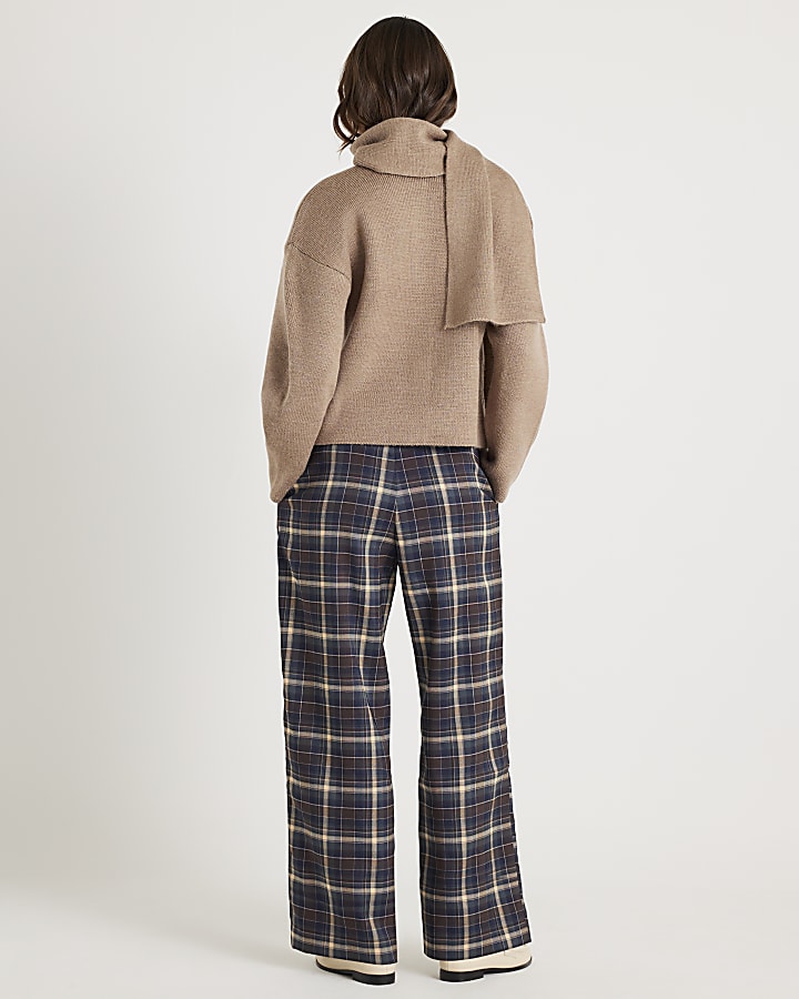 Brown Check Wide Leg Trousers