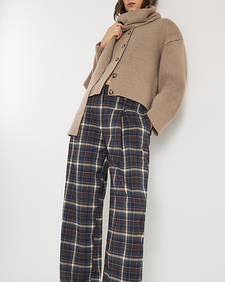 Brown Check Wide Leg Trousers