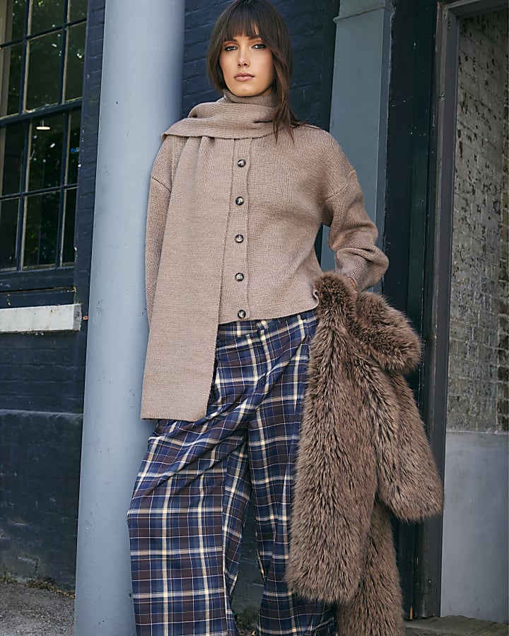Brown Check Wide Leg Trousers