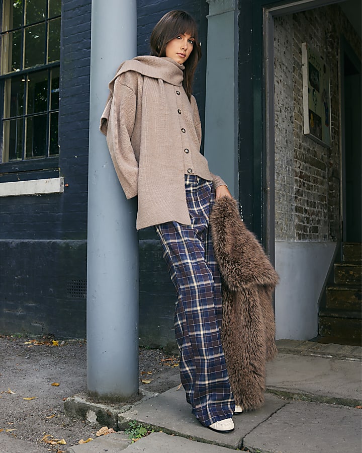 Brown Check Wide Leg Trousers